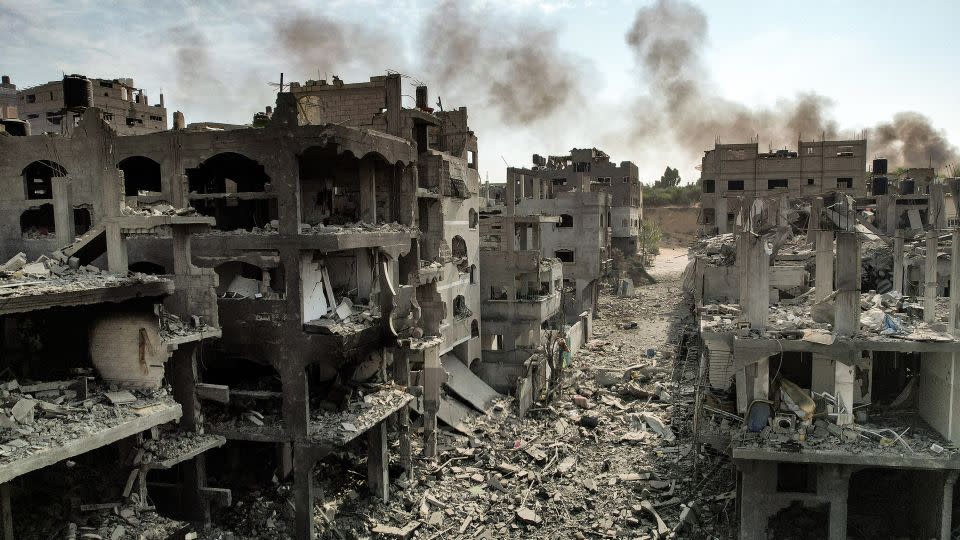 This picture taken on October 11, 2023 shows an aerial view of buildings destroyed by Israeli air strikes in the Jabalya camp for Palestinian refugees in Gaza City. - Yahya Hassouna/AFP/Getty Images