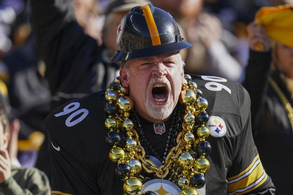 A Pittsburgh Steelers fan cheers during the first half of an NFL football game against the Green Bay Packers Sunday, Nov. 12, 2023, in Pittsburgh. (AP Photo/Matt Freed)