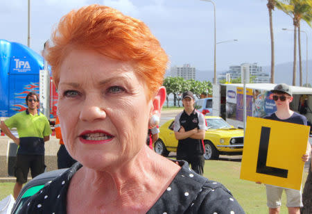 Australian senator Pauline Hanson talks with members of the media at a driving safety event in the northern Australian town of Townsville in Queensland, Australia, November 10, 2017. Picture taken November 10, 2017. REUTERS/Jonathan Barrett