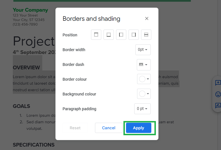 A screenshot of a Google Doc with the Borders and Shading menu open.