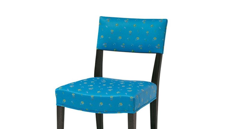 dark black chair with blue upholstered seat and half back