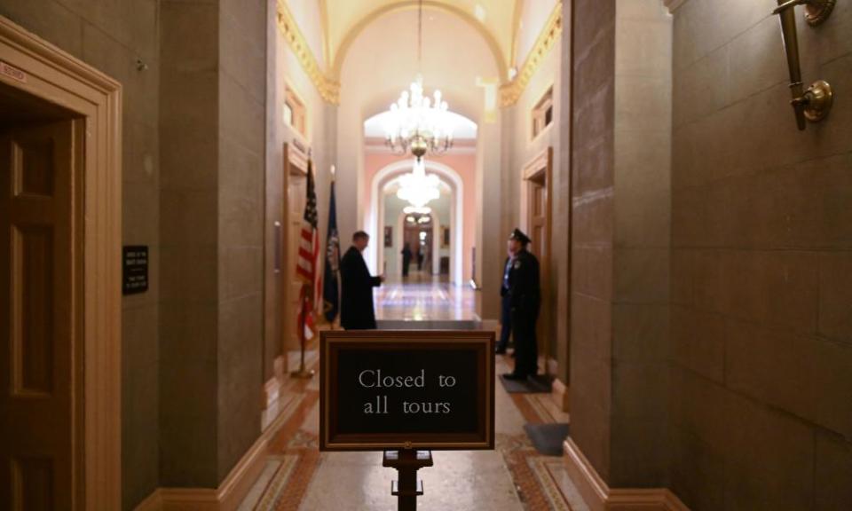 Capitol police secure the area around the Senate chamber on the fourth day of the Senate impeachment trial of Donald Trump.