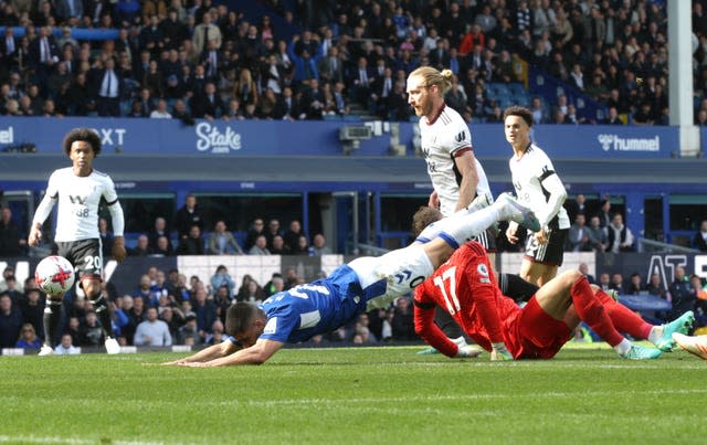 Everton forward Neal Maupay plunges head first into the turf during his side's 3-1 loss to Fulham. The Frenchman struggled to make an impact at Goodison Park following his summer move from divisional rivals Brighton during a difficult season for the Toffees. Everton sacked Frank Lampard in January and remained in relegation trouble until the final weekend of the season following the appointment of Sean Dyche