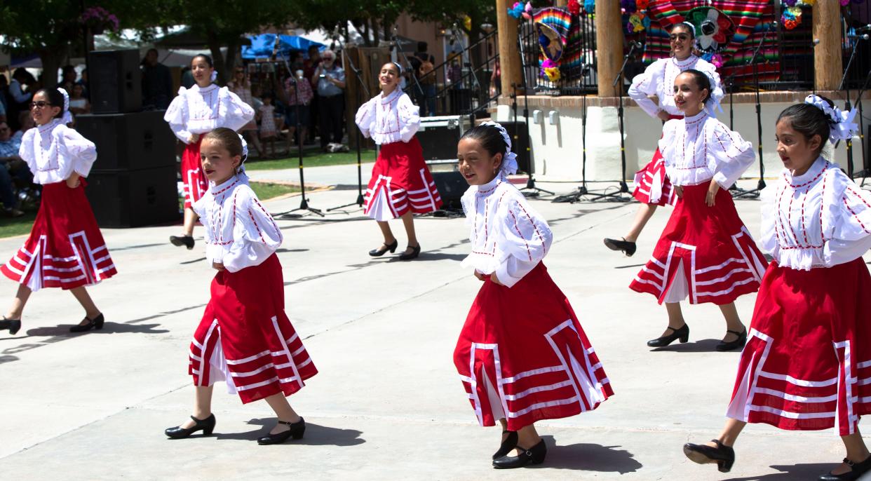 Folklorico ballet dancers perform Saturday May 4, 2019, during a Cinco de Mayo performance at Mesilla Plaza.