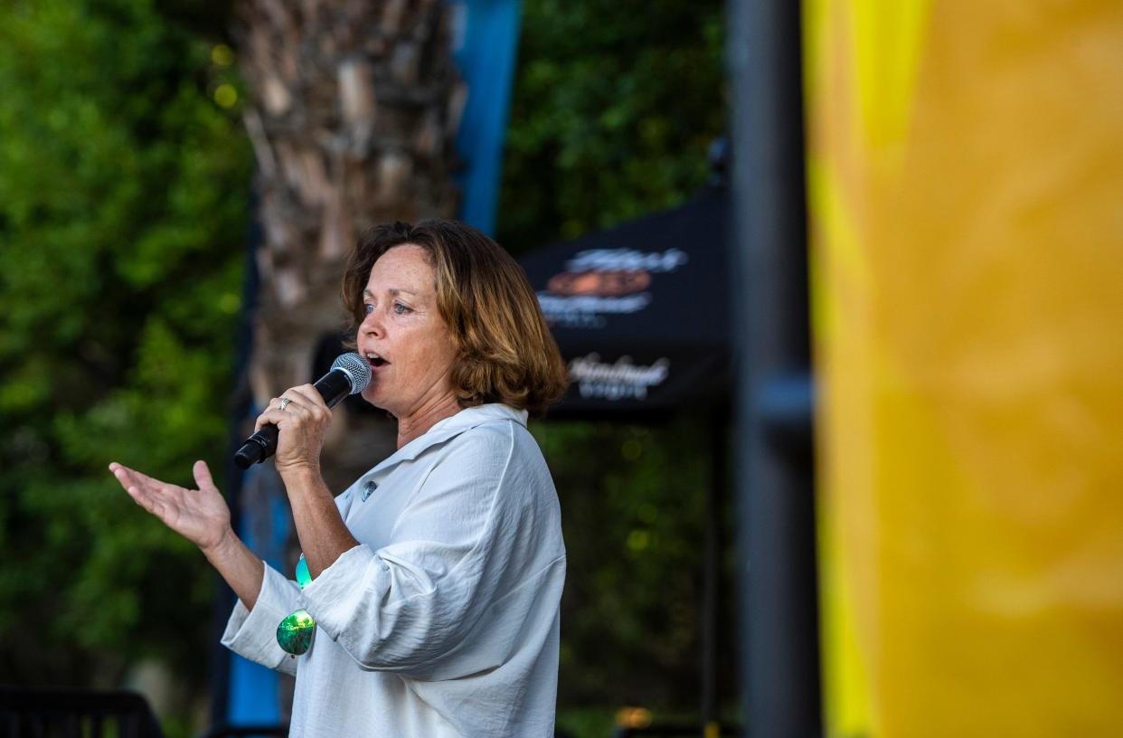 Mariah Hanson, founder of The Dinah, speaks to festivalgoers during the L Word Pool Party at The Dinah in Palm Springs, Calif., Saturday, Sept. 24, 2022. 