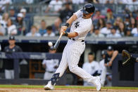 New York Yankees' Matt Carpenter hits a three-run home run against the Boston Red Sox during the first inning of a baseball game Saturday, July 16, 2022, in New York. (AP Photo/Frank Franklin II)