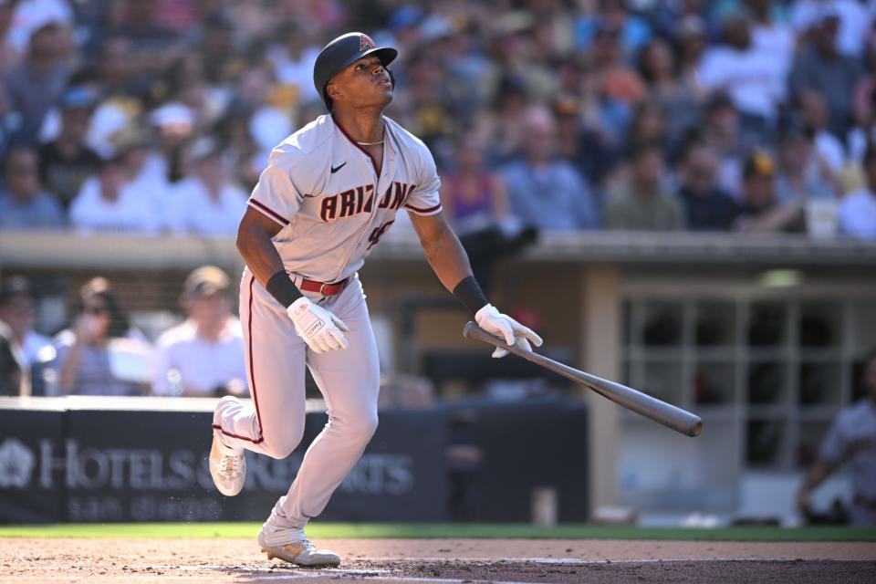 Sep 5, 2022; San Diego, California, USA; Arizona Diamondbacks left fielder Stone Garrett (46) hits a double against the San Diego Padres during the second inning at Petco Park.