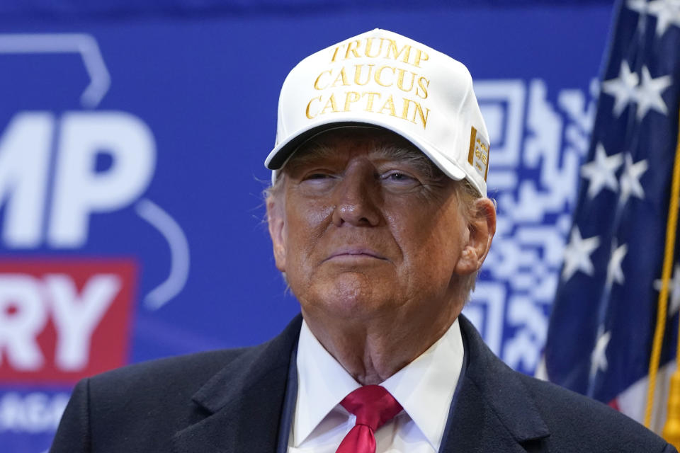 Republican presidential candidate former President Donald Trump speaks at a rally at Simpson College in Indianola, Iowa, Sunday, Jan. 14, 2024. (AP Photo/Andrew Harnik)