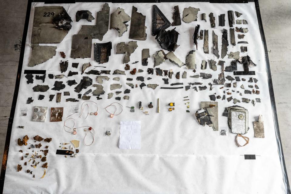 Image taken Nov. 20, showing debris fragments from an Iranian-made Shahed-136 unmanned aerial vehicle collected as evidence by a U.S. Navy explosive ordnance disposal team aboard M/T Pacific Zircon, Nov. 16.