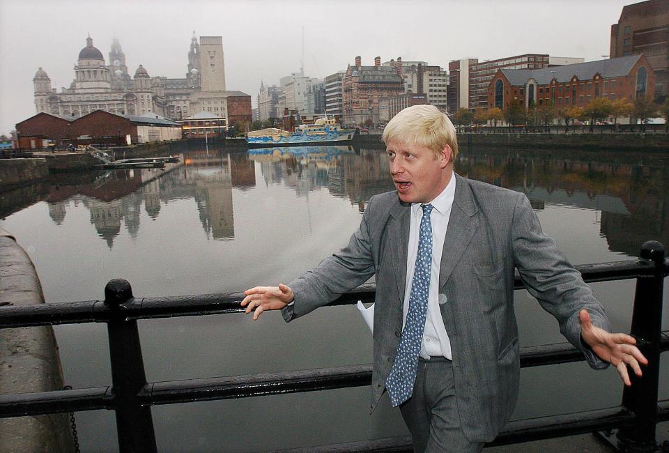 Boris Johnson MP and editor of the Spectator in front of the Liver Building in Liverpool during a visit to the city where he apologise to the city for remarks made in his magazine about beheaded hostage Ken Bigley and the Hillsborough tragedy.  13/11/2004  Boris Johnson who was Saturday November 13 2004, sacked from the Conservative frontbench amid fresh allegations about his private life, a spokesman for Tory leader Michael Howard said. 