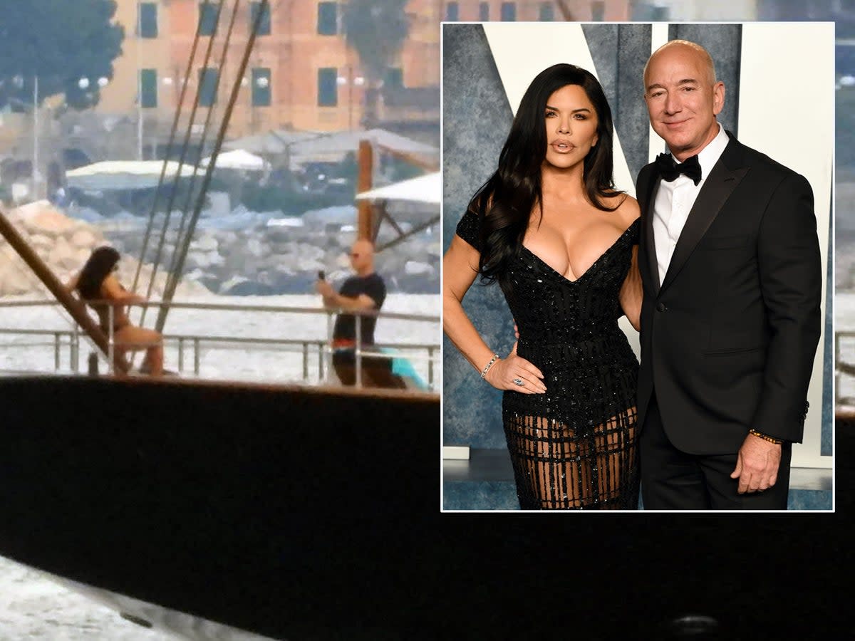 Lauren Sánchez and Jeff Bezos are seen on Jeff Bezos’ yacht in June 12 (GC Images/Getty/Vanity Fair)