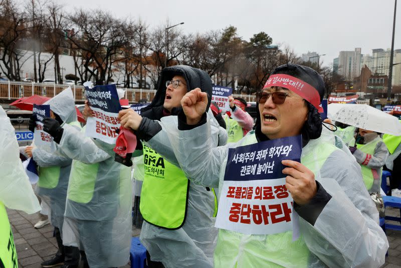 Doctors and Medical workers take part in a protest against a plan to admit more students to medical school, in Seoul