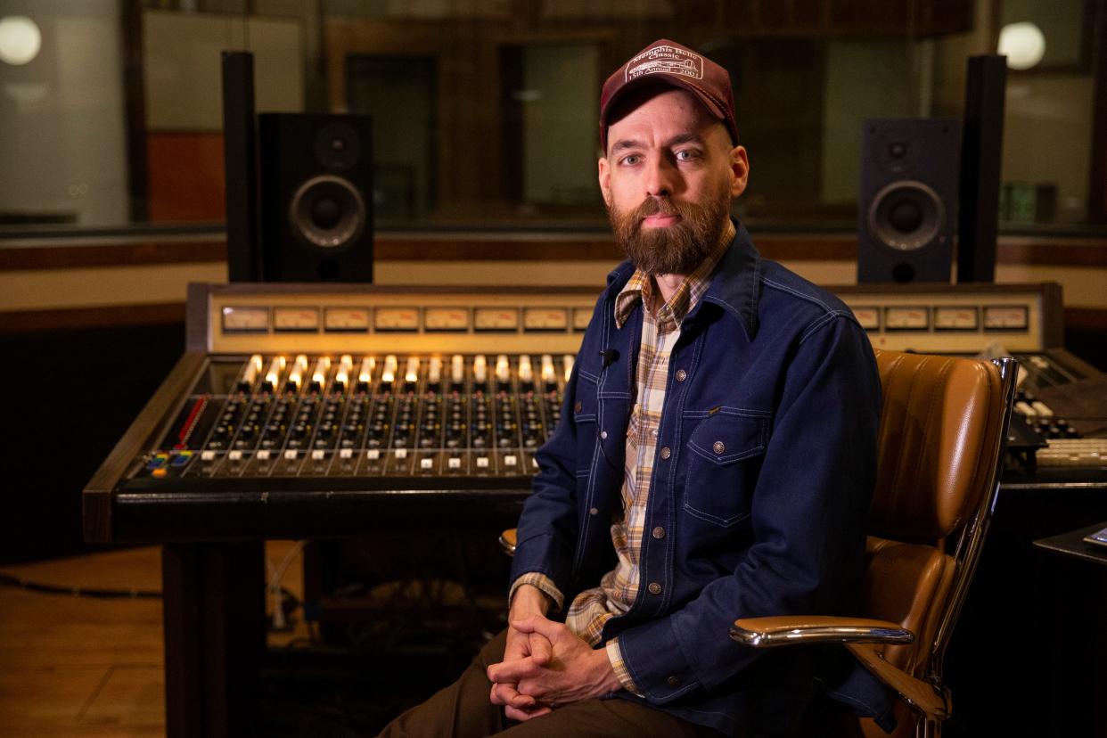 Matt Ross-Spang poses for a portrait in the control room of Southern Grooves, his newly built studio in Crosstown Concourse in Memphis, Tenn., on Friday, June 23, 2023.