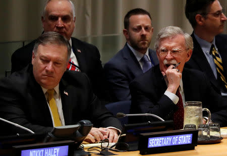 U.S. Secretary of State Mike Pompeo and White House national security adviser John Bolton attend the "Global Call to Action on the World Drug Problem" event at the United Nations in New York, U.S., September 24, 2018. REUTERS/Carlos Barria