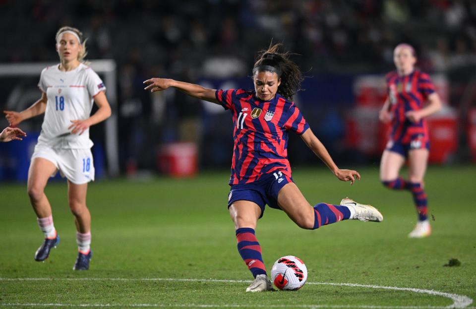 United States forward Sophia Smith (11) takes a shot on goal as Czech Republic midfielder Kamila Dubcová (18) looks on in the first half during a 2022 SheBelieves Cup international soccer match at Dignity Health Sports Park in Carson, California, on Feb 17, 2022.