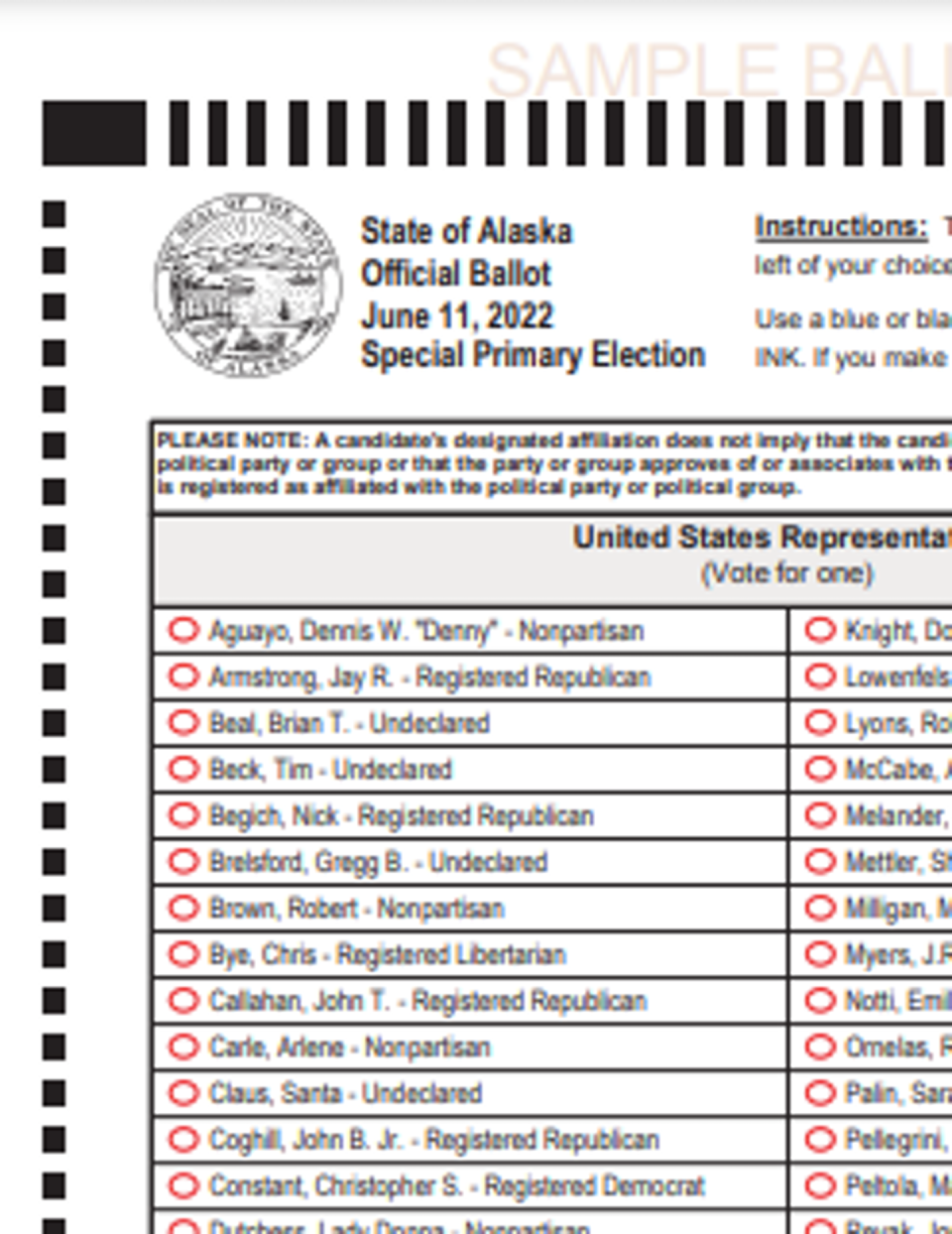 <span class="caption">A sample ballot in the June 2022 primary election to fill Alaska’s one seat in the U.S. House of Representatives.</span> <span class="attribution"><a class="link " href="https://twitter.com/ak_elections/status/1519813218616578048?s=20&t=KlThj2ZIKAZdaVpsGRThqQ" rel="nofollow noopener" target="_blank" data-ylk="slk:Alaska Division of Elections Twitter account;elm:context_link;itc:0;sec:content-canvas">Alaska Division of Elections Twitter account</a></span>