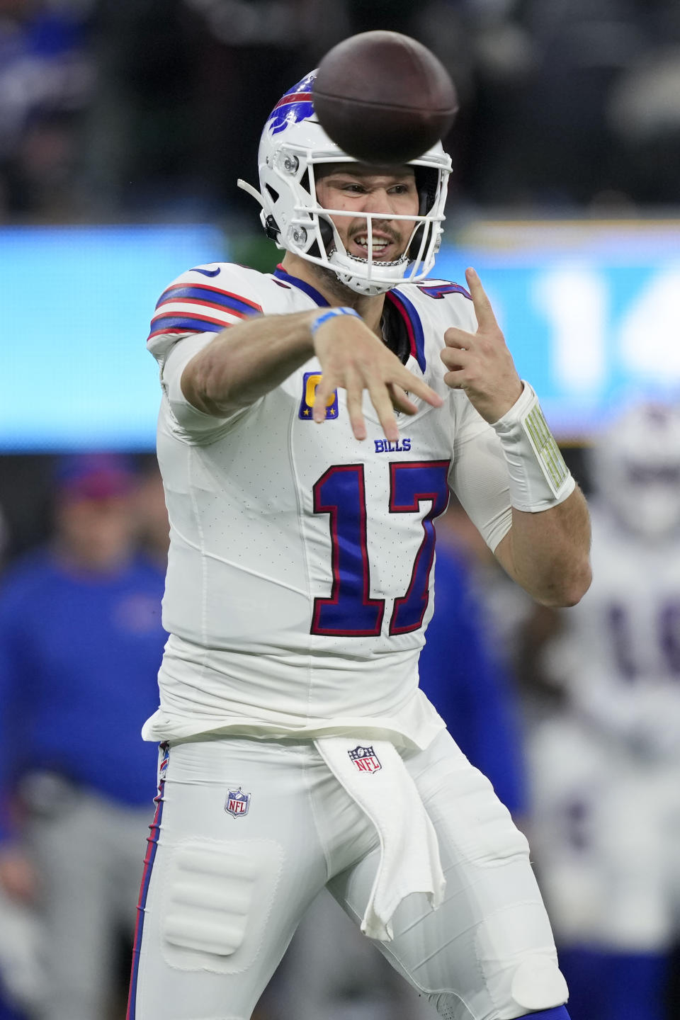 Buffalo Bills quarterback Josh Allen (17) throws a pass during the first half of an NFL football game against the Los Angeles Chargers, Saturday, Dec. 23, 2023, in Inglewood, Calif. (AP Photo/Ryan Sun)