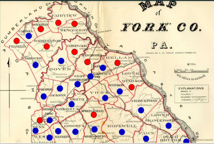 This map plots 1860 election results according to township. Red represents voting precincts that backed Republican Abraham Lincoln for the presidency. Blue represents voting precincts that voted for his Democratic opponents. Notice that the closer to the Mason-Dixon Line – the South – that a township sat, the more likely it was to vote Democratic, the party of the South.
