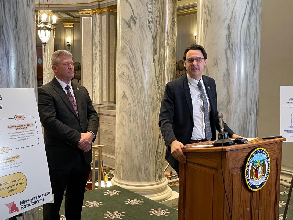 Missouri Senate Minority Floor Leader John Rizzo speaks to reporters at a press conference on Feb. 1, 2024 at the Missouri State Capitol Building in Jefferson City.