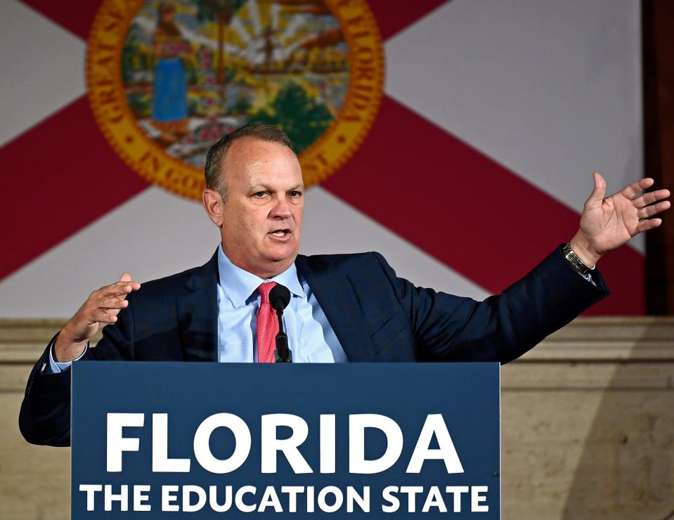 Richard Corcoran, interim president of New College of Florida, talks during a Monday, May 15th, 2023, press conference during the signing of legislation impacting the state's colleges and universities by Gov. Ron DeSantis, off camera.