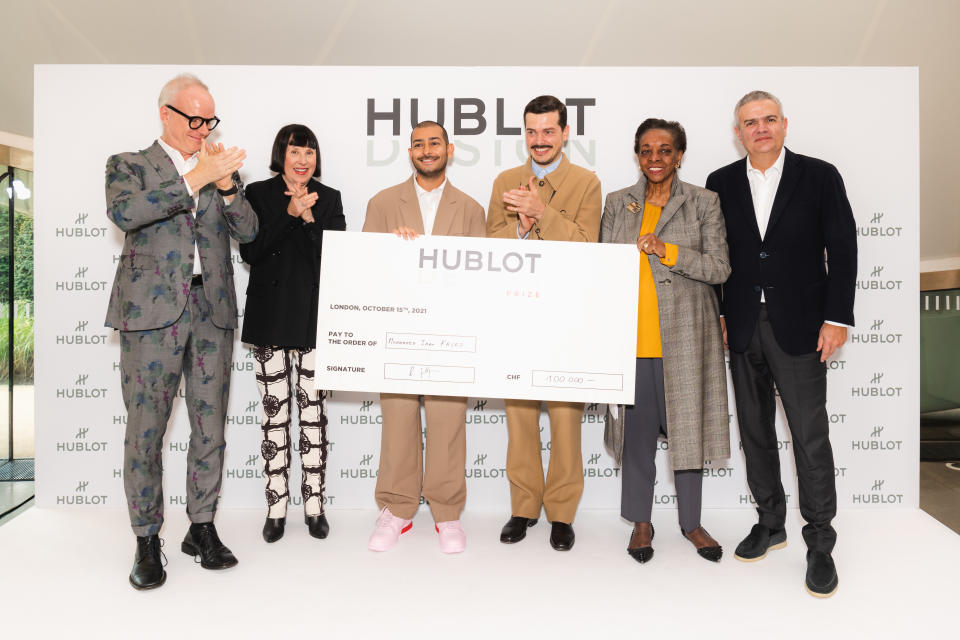 Hublot Design Prize 2021 winner Mohammed Iman Fayaz with the judges. - Credit: Courtesy