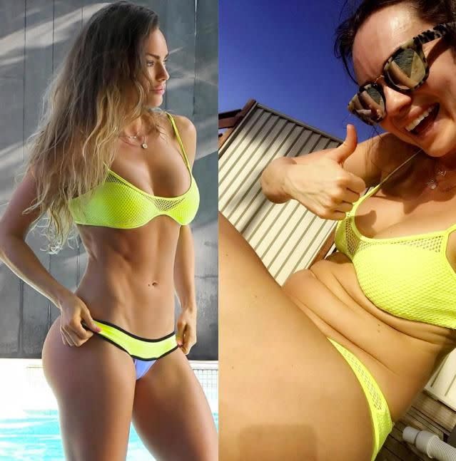 Fitness model Emily Skye shared this photo pre and post holiday. Photo: Instagram