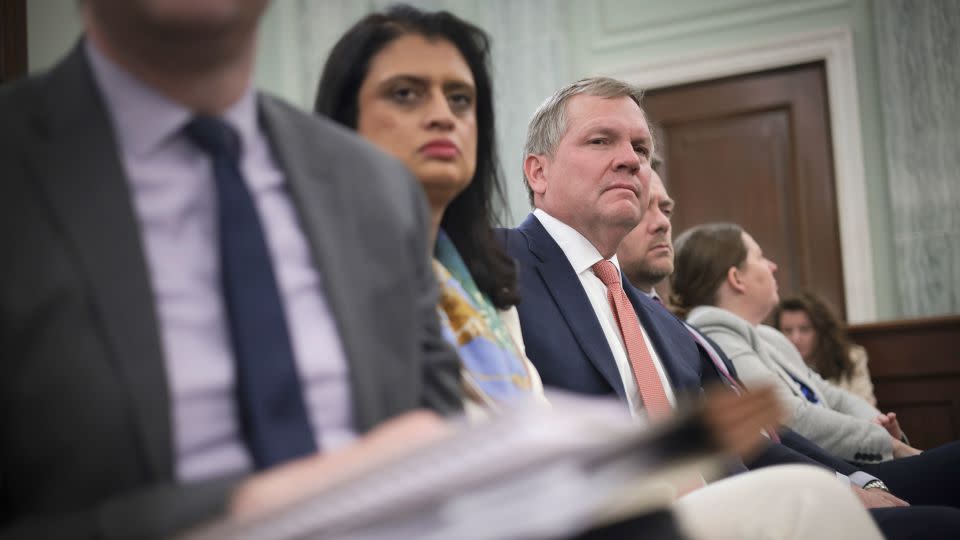 Norfolk Southern CEO Alan Shaw, third from left, listens to testimony during a hearing held by the Senate Commerce, Science, and Transportation Committee on March 22, 2023 in Washington, DC. The committee heard testimony on "Improving Rail Safety in response to the East Palestine Derailment." - Win McNamee/Getty Images