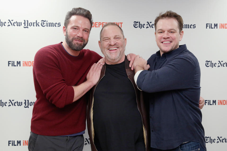 Matt Damon with Ben Affleck and Harvey Weinstein on Oct. 7, 2016. (Photo: Mireya Acierto/WireImage)