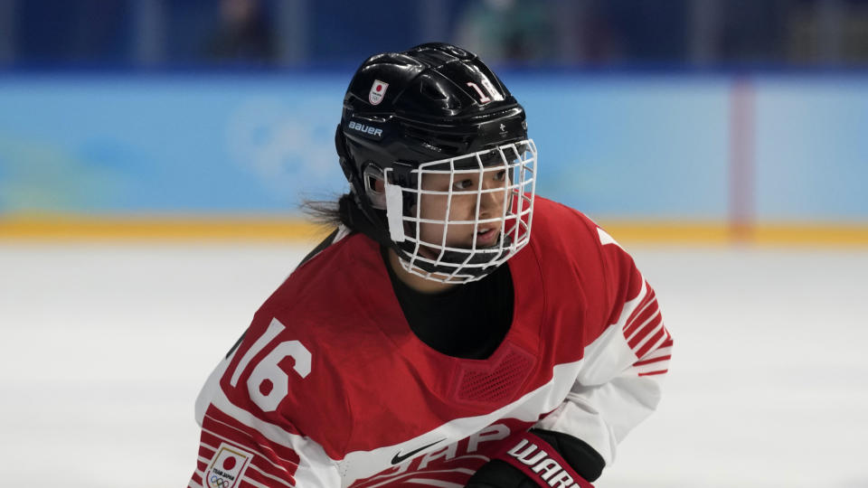 FILE - Japan's Akane Shiga (16) skates during a women's quarterfinal hockey game against Finland at the 2022 Winter Olympics, Saturday, Feb. 12, 2022, in Beijing. Ottawa's yet to be named Professional Women's Hockey League franchise features the league’s most diverse roster with 11 Canadians, seven Americans, two Czechs, a German, Hungarian and Japan’s Akane Shiga. (AP Photo/Petr David Josek, File)