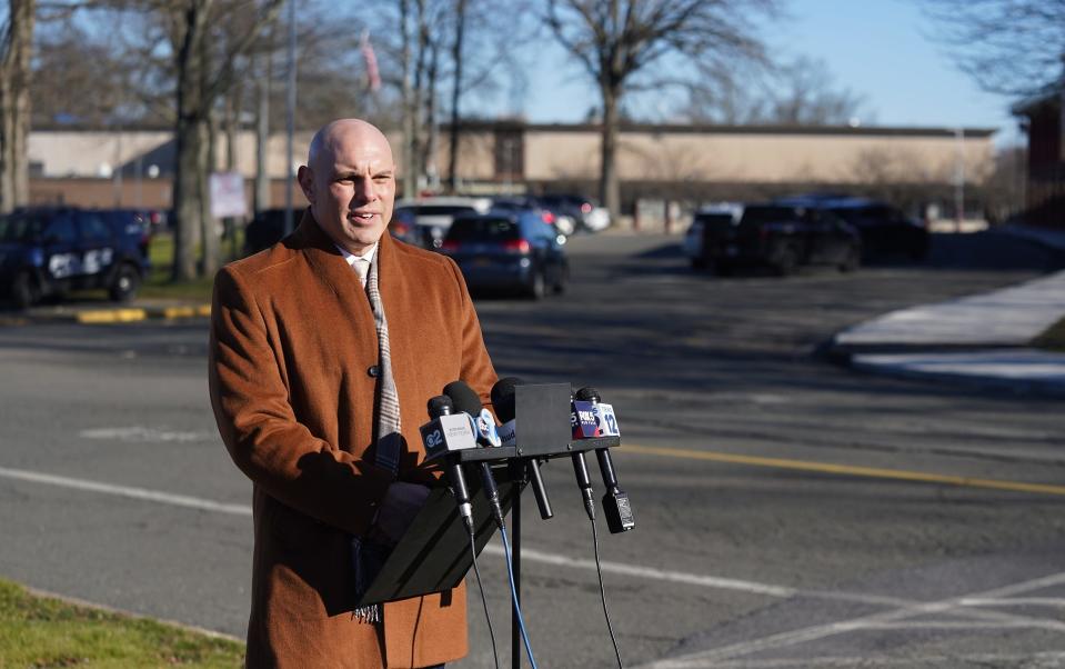 Clarkstown schools Superintendent Marc Baiocco speaks Tuesday outside Felix Festa Middle School in West Nyack after the deaths of the Morgan family in New City. The father, Bronxville Police Sgt. Watson Morgan, is believed to have killed his wife, Ornela, their two sons, Gabe and Liam, and himself. The boys were 10 and 12.