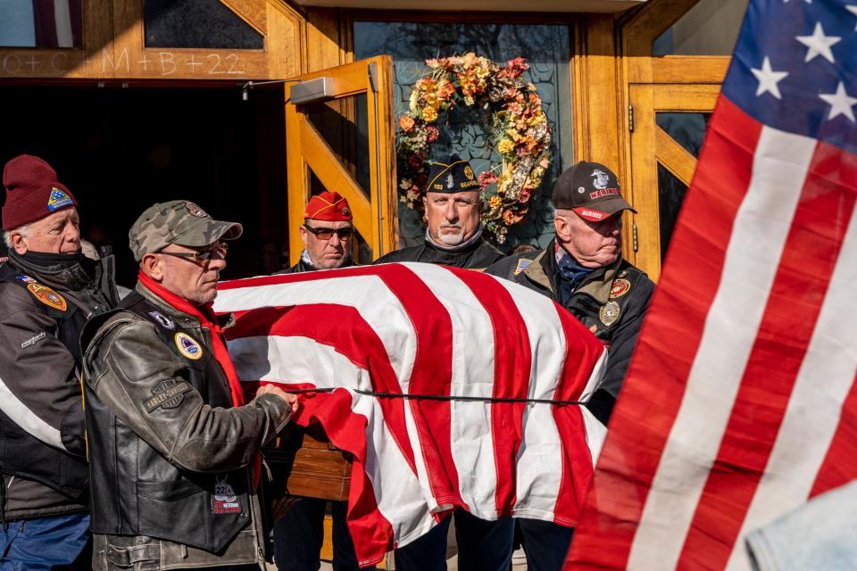 A group of veterans carry the flag-draped casket during a funeral mass for Lt. John Heffernan at St. Elizabeth of Hungary RC Church in Wyckoff, NJ on Saturday, November 19, 2022. Heffernan is a WWII U.S. bomber navigator who was shot down in Burma in 1944. Heffernan's remains were identified in 2021 and returned to the U.S. 78 years after his death. 