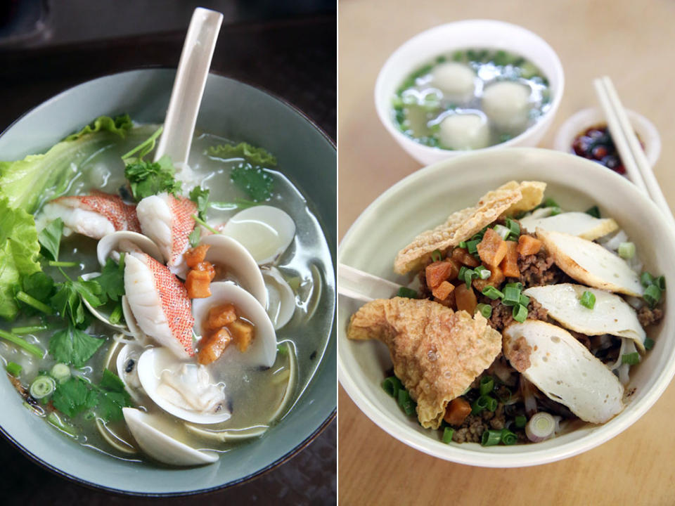 On occasion, they will get special items like the seven star grouper fish that is paired with clams (left). The stall started with serving only fish ball noodles that has minced meat and crispy lard fritters (right).