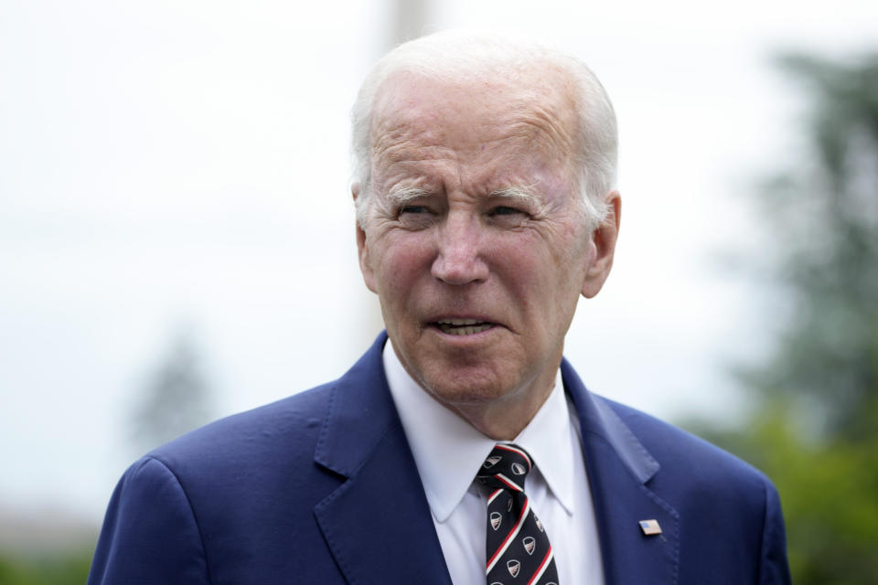 President Joe Biden speaks with reporters after returning to the White House in Washington, Sunday, May 28, 2023. Biden and House Speaker Kevin McCarthy came to an "agreement in principle" on the debt limit Saturday that would avert a potentially disastrous U.S. default, but still has to pass both houses of Congress. (AP Photo/Manuel Balce Ceneta)