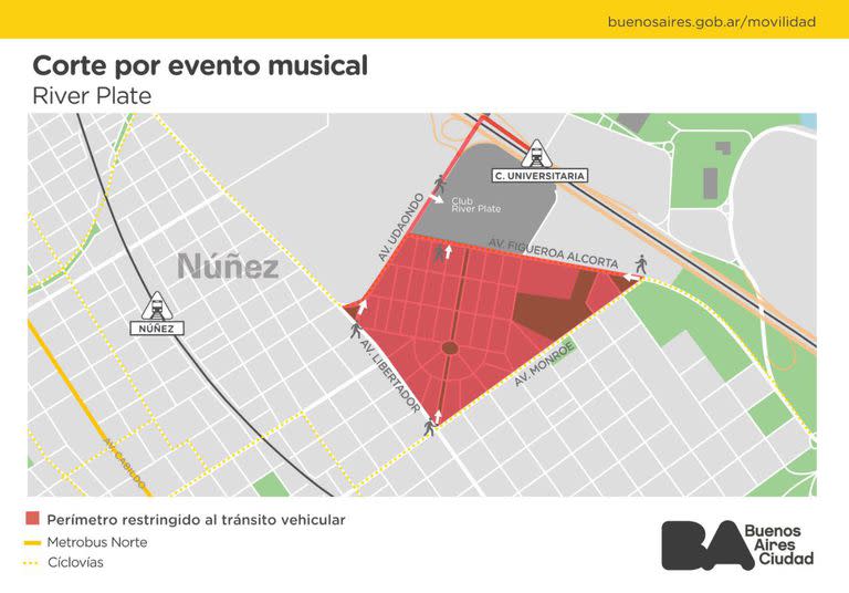 El mapa con los cortes de calle por los recitales de Coldplay