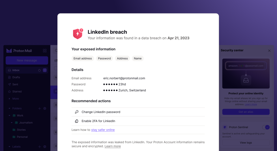 Example of a breach alert from Proton Mail