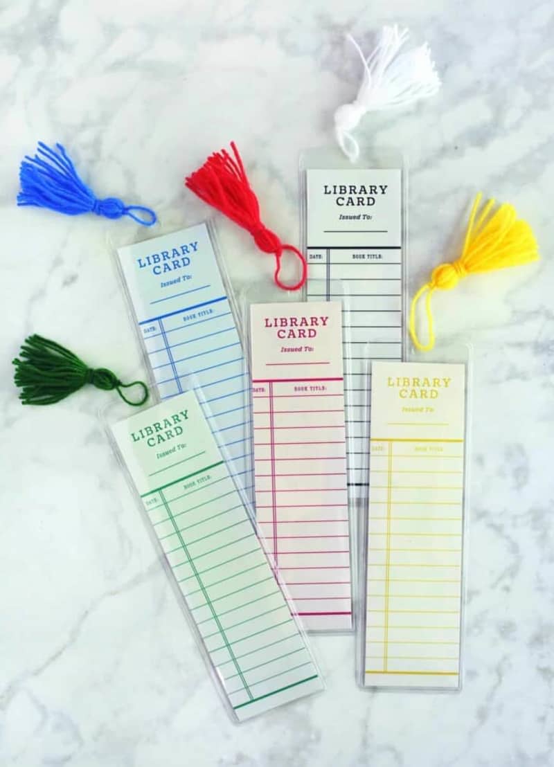 Bookmarks made to look like library checkout cards in various colors