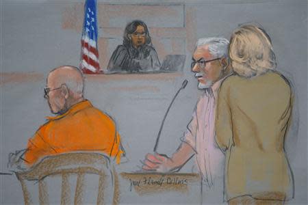 A courtroom artist's sketch shows Steve Davis (2nd R), brother of murder victim Debra Davis, speaking during the sentencing hearing for convicted mobster James "Whitey" Bulger (L), as judge Denise Casper (C) looks on in Boston, Massachusetts November 13, 2013. REUTERS/Jane Collins