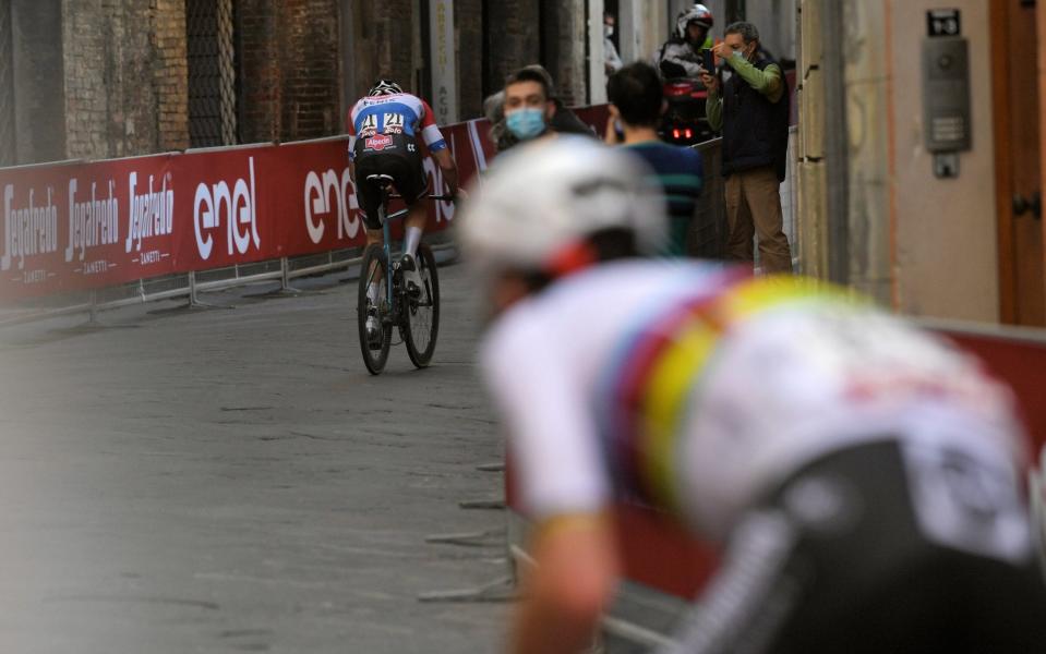 Mathieu van der Poel and Julian Alaphilippe — Mathieu van der Poel powers away to to seal Dutch double at Strade Bianche - GETTY IMAGES