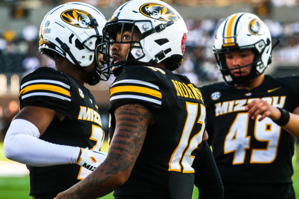 Missouri defensive back Dreyden Norwood (12) looks up during a game against Middle Tennessee State at Memorial Stadium on Sept. 9, 2023, in Columbia, Mo.