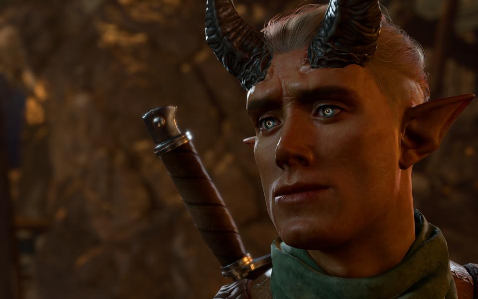 A close up of Dammon the tiefling in Baldur's Gate 3