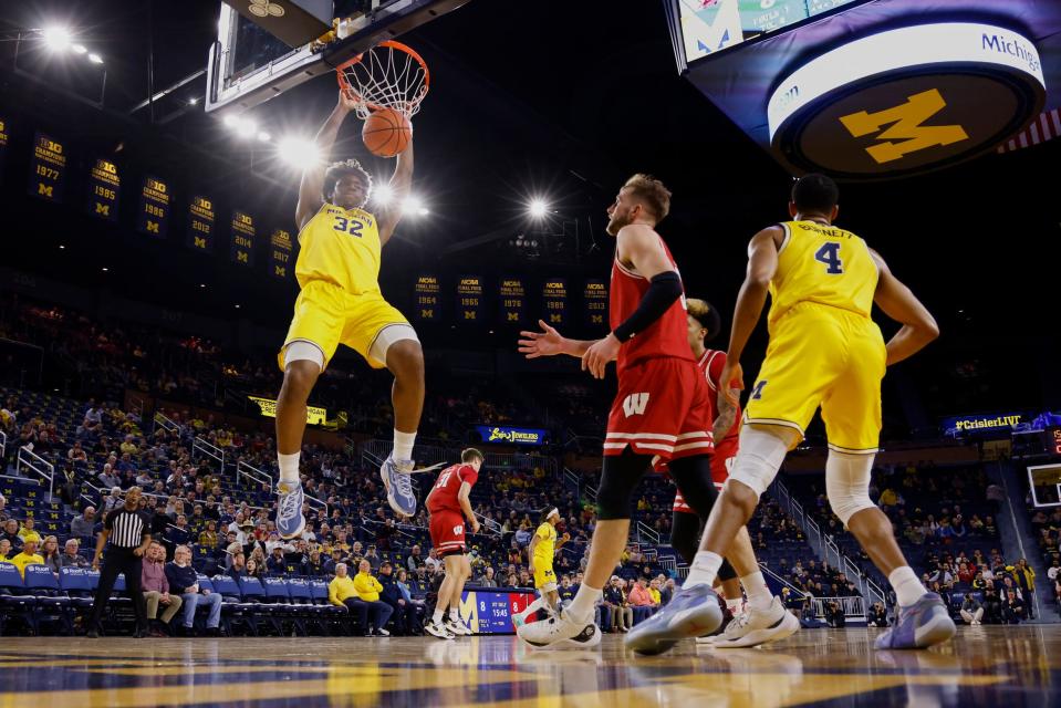 Michigan Wolverines forward Tarris Reed Jr. dunks in the first half against the Wisconsin Badgers at Crisler Center on Wednesday, Feb. 7, 2024, in Ann Arbor, Michigan.
