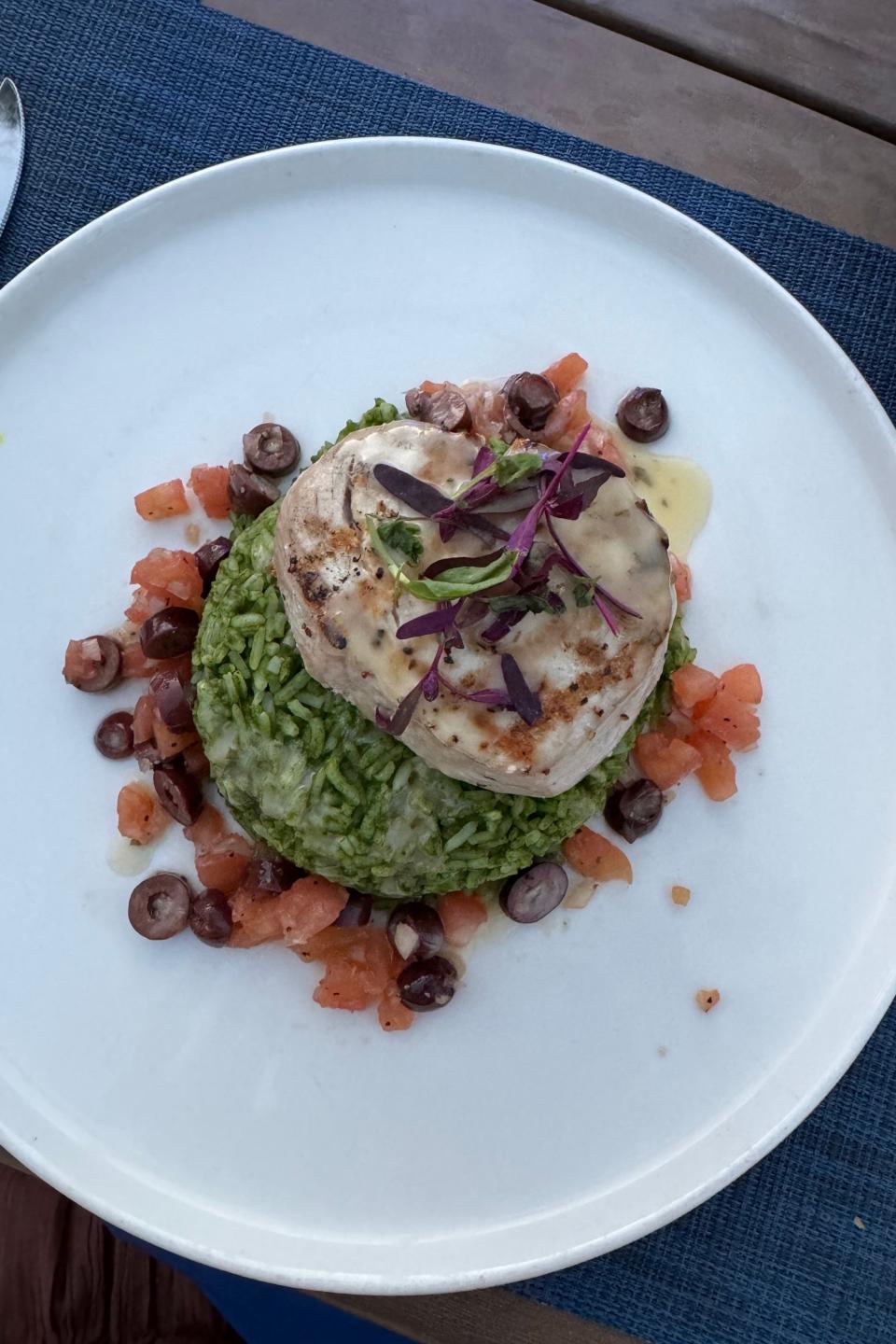 Grilled fish on a bed of risotto with diced tomato and olives, garnished with microgreens, served on a white plate