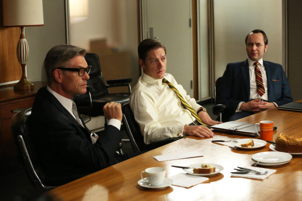 Jim Cutler (Harry Hamlin), Ted Chaough (Kevin Rahm) and Pete Campbell (Vincent Kartheiser) in the "Mad Men" episode, "A Tale of Two Cities."
