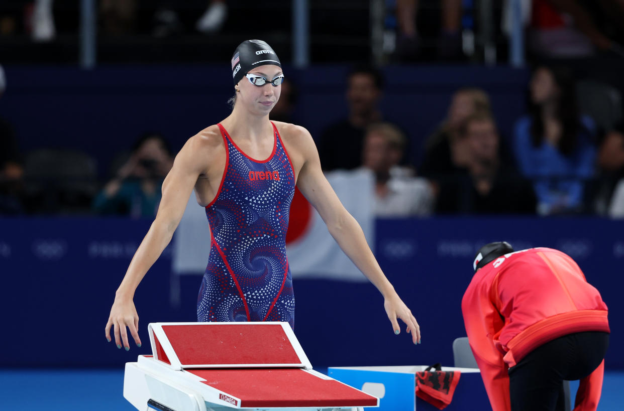 NANTERRE, FRANCE - JULY 27: Gretchen Walsh of Team United States prepares to compete in the Women's 100m Butterfly Semifinals on day one of the Olympic Games Paris 2024 at Paris La Defense Arena on July 27, 2024 in Nanterre, France. (Photo by Sarah Stier/Getty Images)