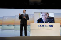 Samsung president Tim Baxter introduces the new LED F8000 large screen television during a news conference on press day at the Consumer Electronics Show.