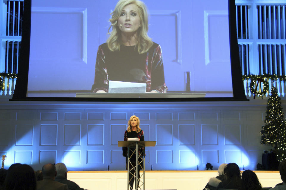 FILE - In this Thursday, Dec. 13, 2018 file photo, Beth Moore addresses a summit on sexual abuse and misconduct at Wheaton College in Wheaton, Ill. A Bible study teacher, Moore has been beloved among Southern Baptists for years, packing out stadiums and selling millions of books. But when she began to criticize Trump and call out sexism, racism, and abuse in the church, she became a pariah. In 2021, Moore left the nation's largest Protestant denomination, saying she can no longer identify as Southern Baptist. (Emily McFarlan Miller/Religion News Service via AP)