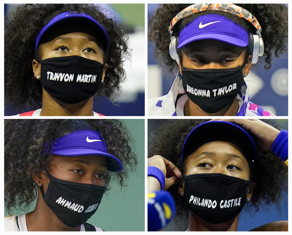 FILE- In this combo of 2020 file photos, Naomi Osaka, of Japan, wears face masks bearing the names of Black victims of police violence and racial profiling during the U.S. Open tennis tournament in New York Osaka has been selected by The Associated Press as the Female Athlete of the Year. (AP Photo/Frank Franklin II, top, Seth Wenig)