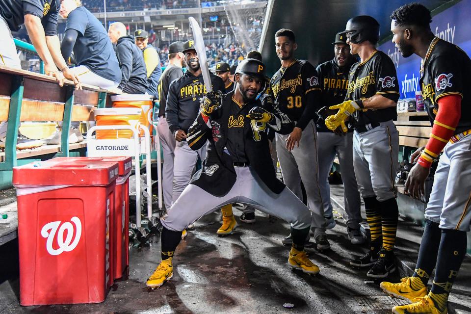 Pirates' Miguel Andujar celebrates after hitting a home run against the Nationals.