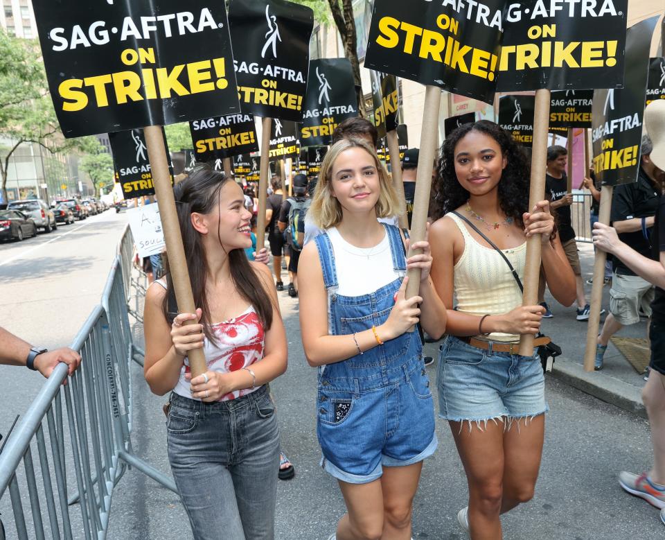 [L-R]: Malia Pyles, Bailee Madison, and Chandler Kinney are seen at the SAG-Aftra Strike outside the NBC Studios in Midtown, Manhattan on July 17, 2023 in New York City.