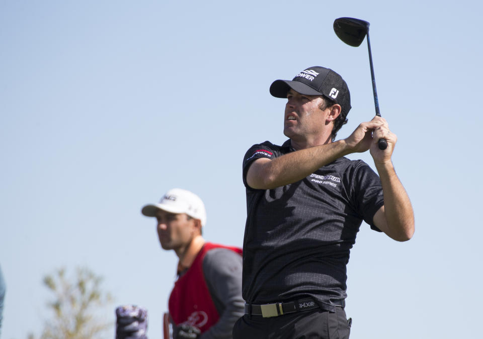 Robert Streb watches his shot from the 18th tee during the first round of the Shriners Hospitals for Children Open golf tournament at TPC at Summerlin in Las Vegas on Thursday, Nov. 1, 2018. (Richard Brian/Las Vegas Review-Journal via AP)